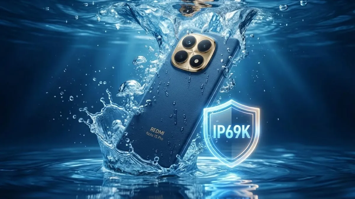 Redmi Note 15 Pro submerged in water demonstrating IP69K waterproof rating and durability features for Telugu review.