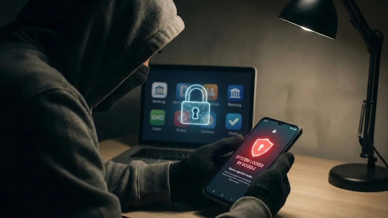 Google new Android Theft Protection feature showing system lock on a smartphone screen to prevent thieves from accessing data.