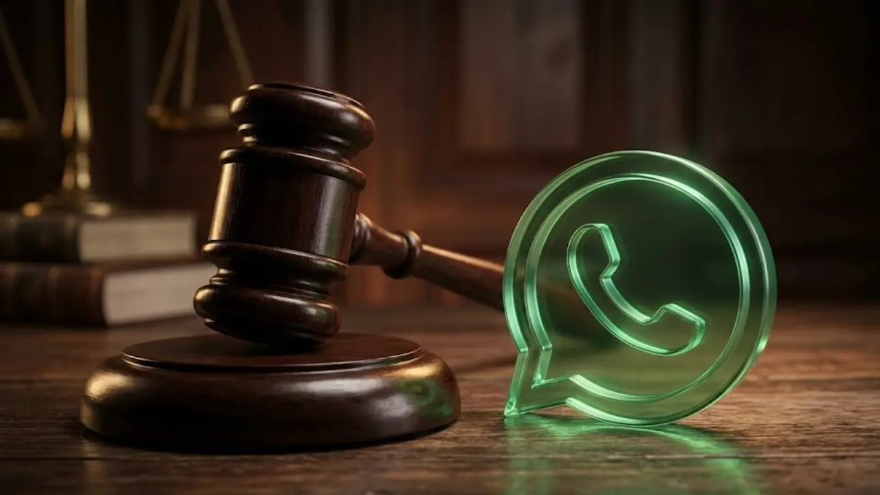 Supreme Court of India gavel next to WhatsApp logo symbolizing the strict warning to Meta regarding user privacy policy and data safety.