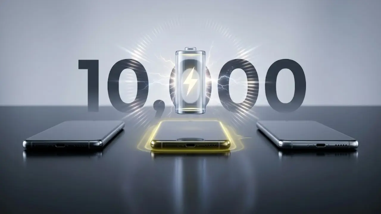 A futuristic smartphone setup highlighting the upcoming 10000mAh battery mobiles in March 2026, including iPhone 17e and Realme Narzo Power 5G, designed for Telugu tech news and Taja Points updates.